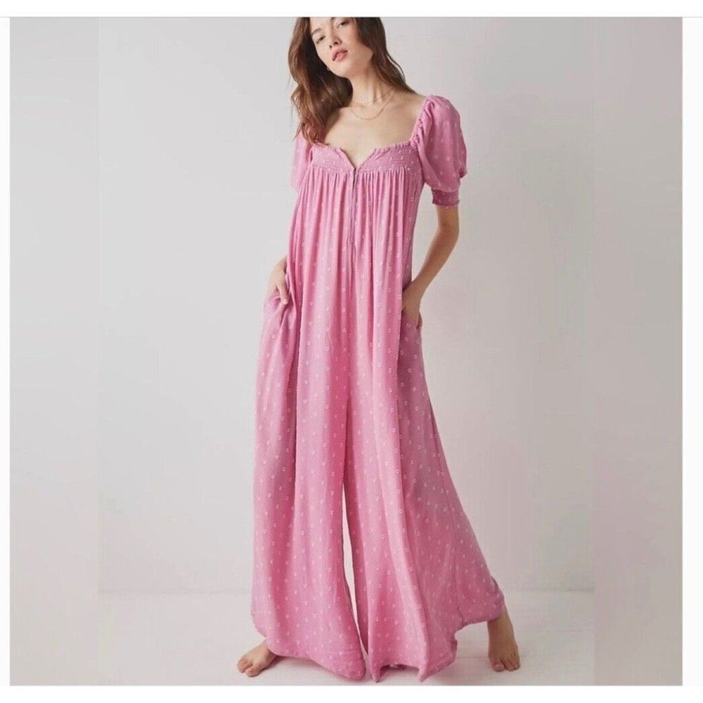 Free People Last Chance Jumpsuit Size XS Pink Ruffled Embroidered Tie Smocking
